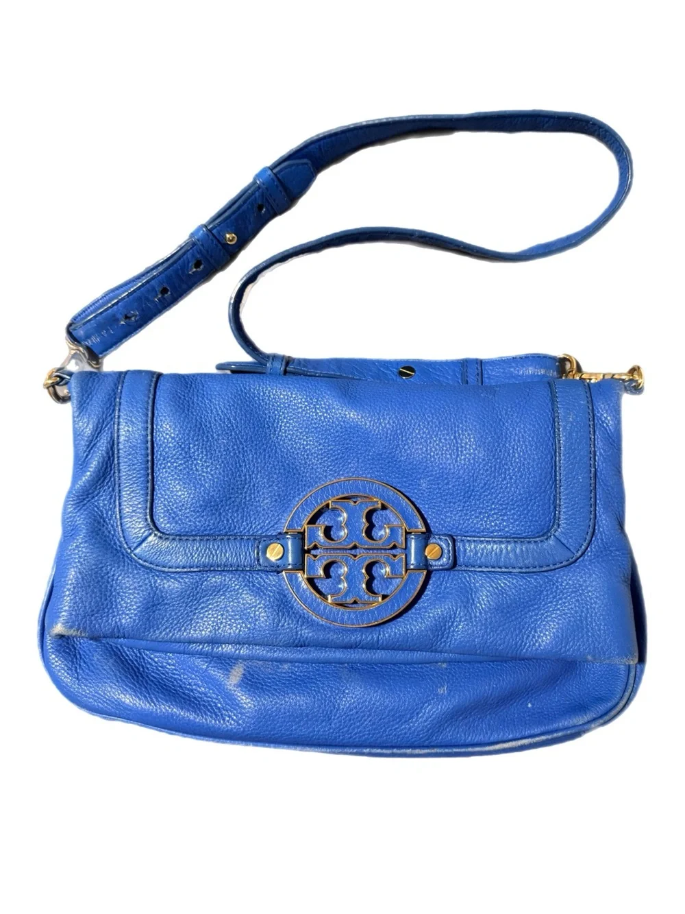 TORY BURCH Bright Blue Pebbled Leather 2 Way Shoulder Bag with Gold Logo - Picture 1 of 16